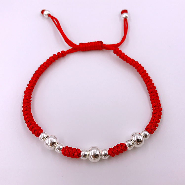 s99银红绳编织手链银珠款简约长短可以收缩手绳礼物
