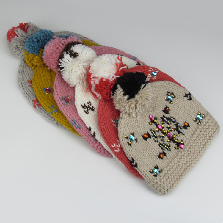 帽子女韩版潮秋冬天纯手工棒针双色球拼色烫钻针织帽毛线帽