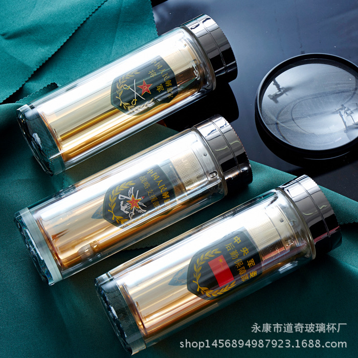 将军玻璃杯双层水晶高档礼品退伍纪念水杯便携男大容量过滤办公杯