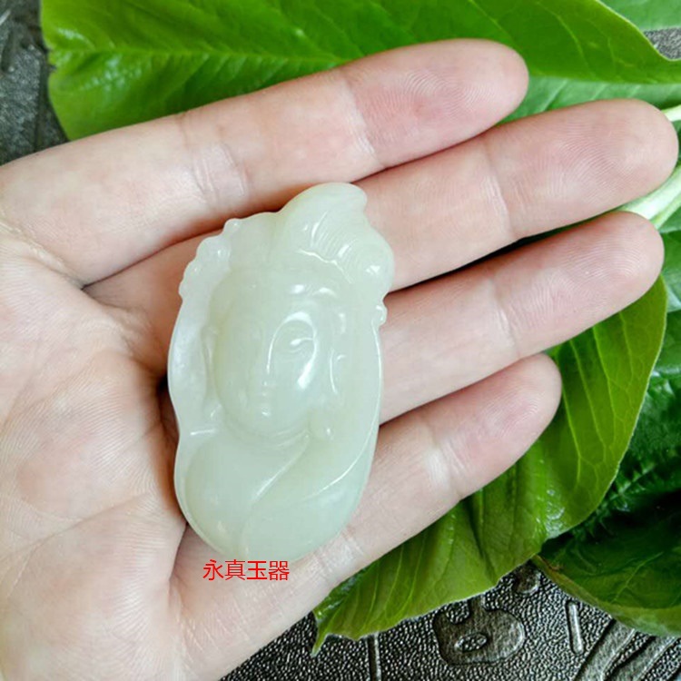 天然新疆和田玉青白玉观音头吊坠油润细腻观音头像挂件送证书