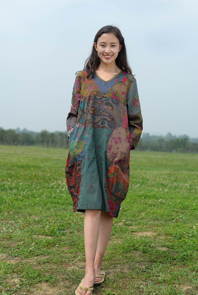 枝牌原创复古棉麻女装民族风百家拼布套头t恤女春夏季中袖上衣