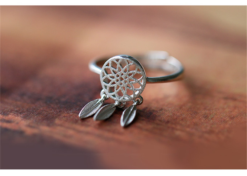 s925纯银羽毛捕梦网戒指吊坠食指戒女简约开口百搭混搭甜美日韩版