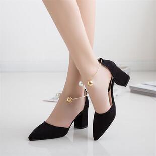 薇澳希2018初夏中空尖头珍珠扣带女鞋粗跟性感高跟鞋白领职业单鞋