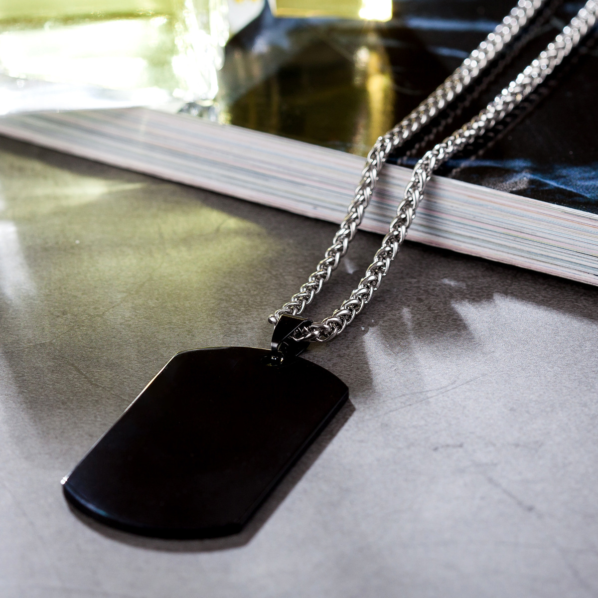 黑色军牌男士项链欧美不锈钢个性钛钢金属狗牌吊坠