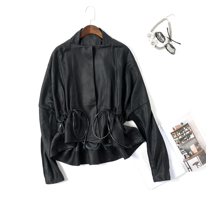 欧美外贸磨砂亚光绵羊皮蝙蝠外套女系带收腰大码宽松短款真皮皮衣