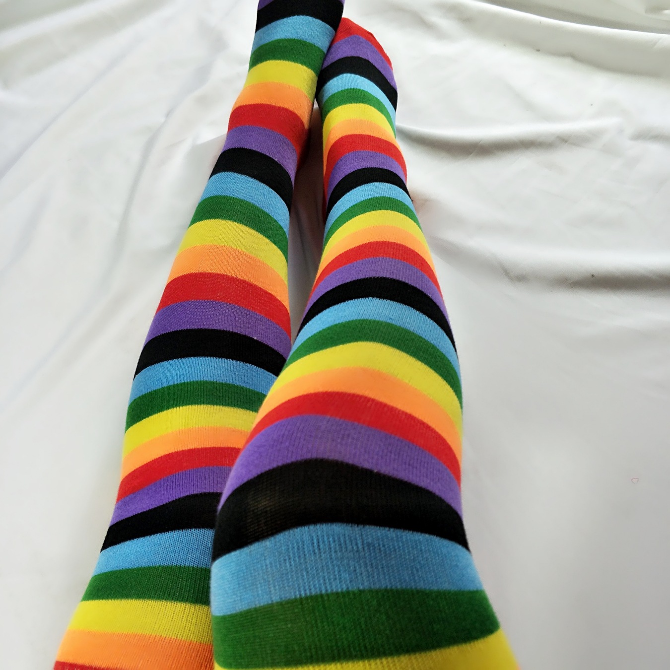 速卖通热销过膝七彩长筒袜万圣节条纹袜彩虹高筒丝袜