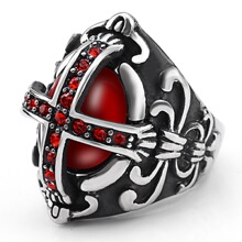 跨境饰品批发 欧美复古戒指 不锈钢指环红色镶钻铸造男士戒指