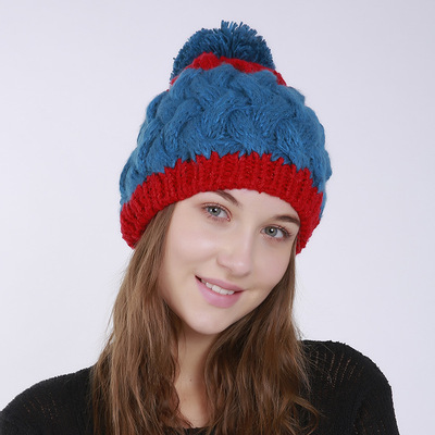 秋冬季新款双色拼接毛线女帽 纯手工竹编大毛线球针织保暖贝雷帽