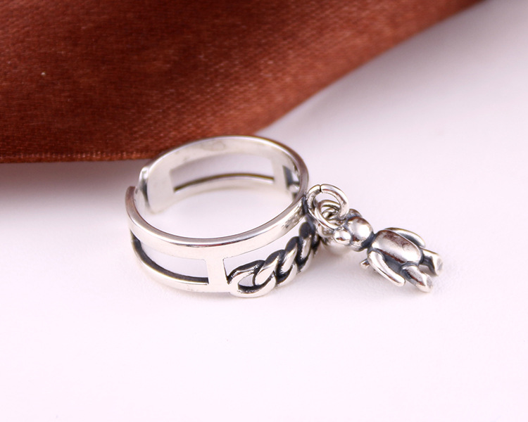 古罗珠宝韩版东大门小熊铃铛双环戒 925银女款时尚做旧开口戒指