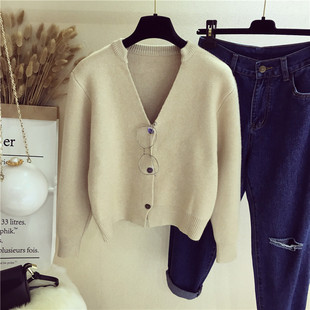 之棉 秋冬加厚开襟毛衣外套v领简约纯色三颗扣针织开衫上衣女2259