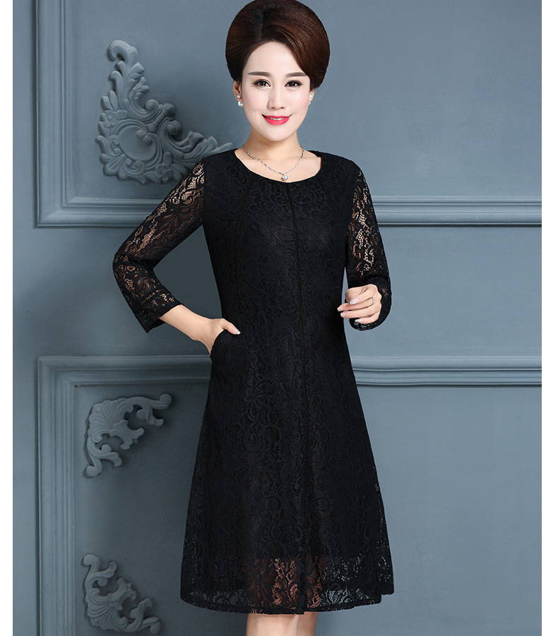 2017新款中年妈妈装春秋装蕾丝连衣裙中