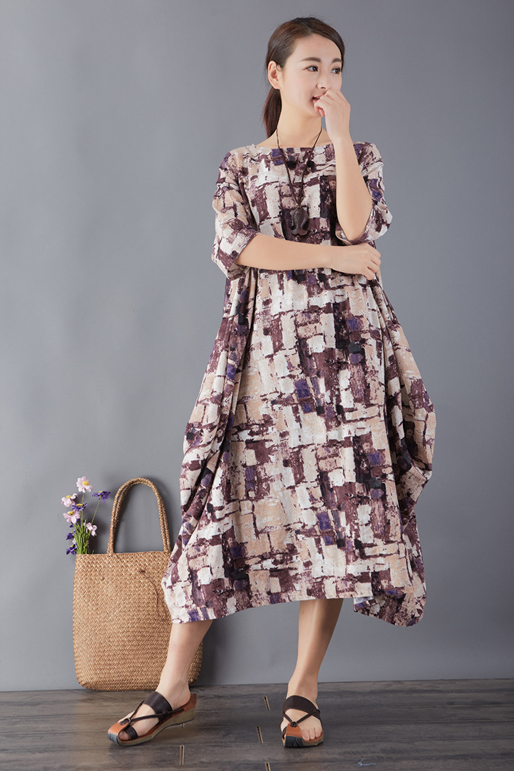 2020改良夏季复古文艺小圆领中袖宽松大码棉麻连衣裙