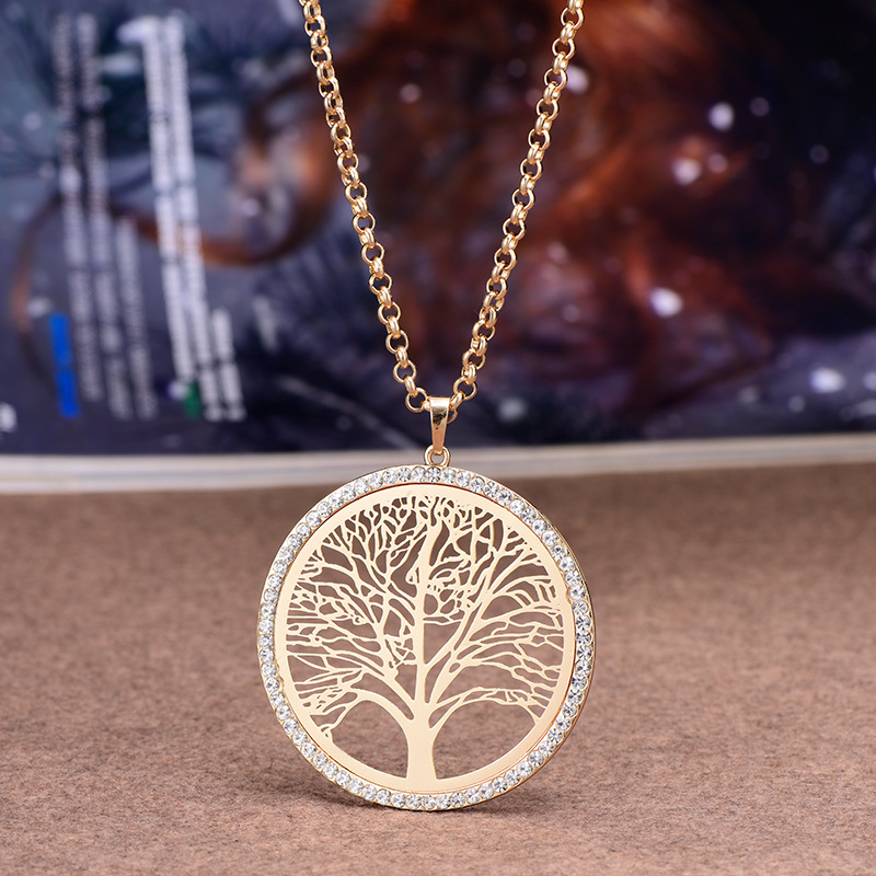 亚马逊创意大牌同款圆形镂空镶钻金色生命树项链吊坠欧美毛衣链