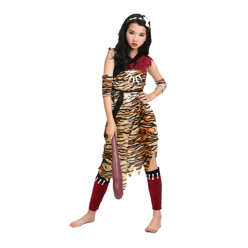 cosplay万圣节成人服装原始人服装野人服装高档虎纹女野人套装