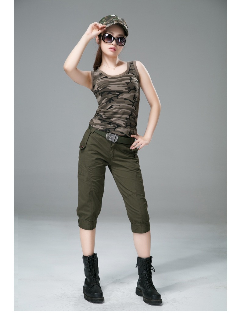 自由骑士 军装款休闲迷彩裤女式七分裤 户外军绿五分短裤女0971