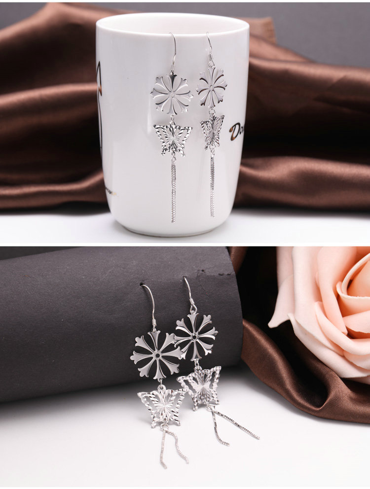 s925纯银长款耳坠 韩版时尚雪花蝴蝶耳环耳线流苏耳饰
