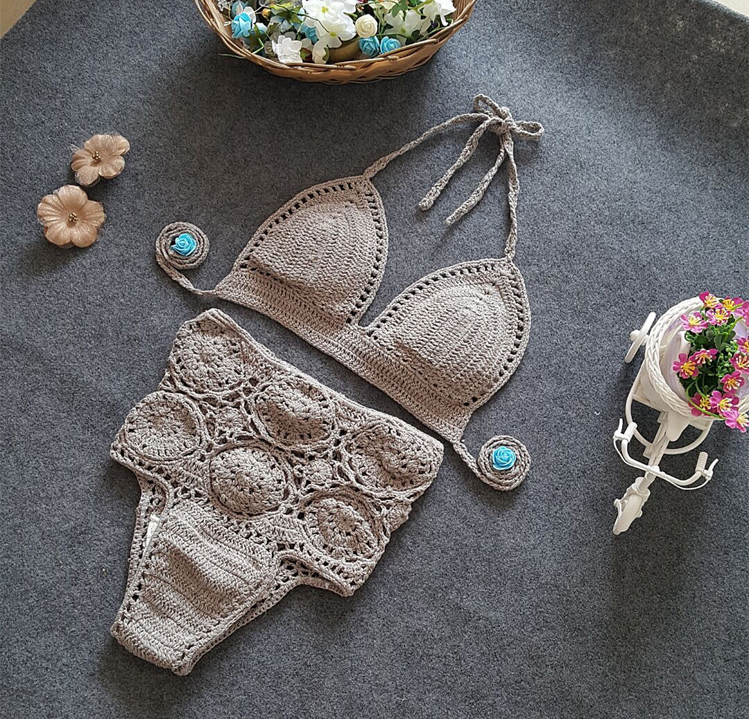 欧美外贸新款高腰泳衣纯色女士钩针镂空钩花分体比基尼套装性感