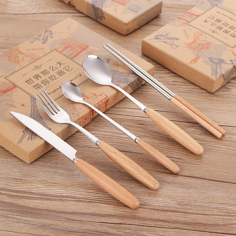 创意木柄刀叉筷子组合 榉木日式简约不锈钢餐具刀叉勺筷套装餐具