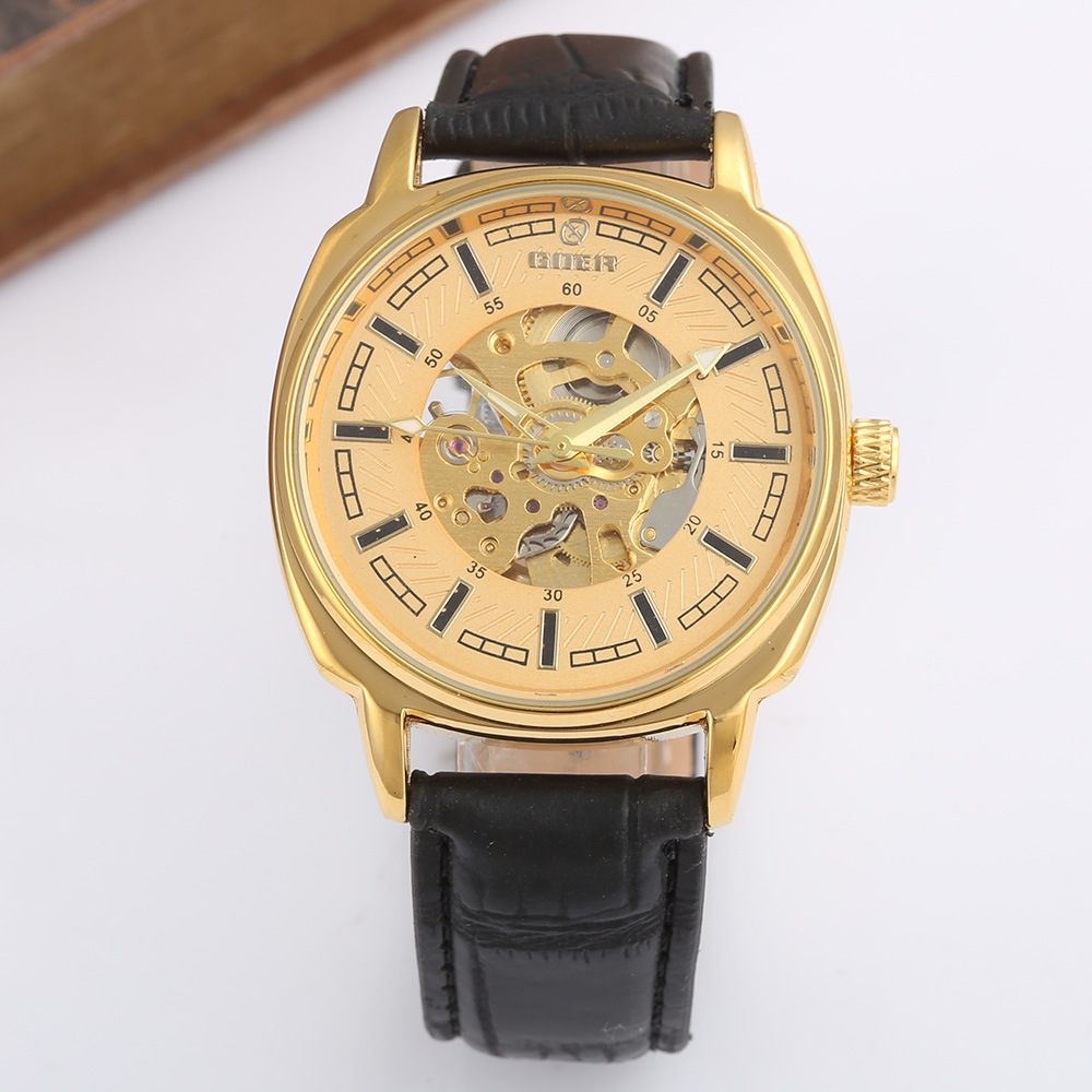 goer手表爆款手表男士金色方形透底防水全自动机械皮带手表