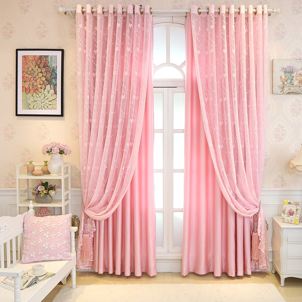 新款窗帘成品粉色绣花窗帘布 高精密提花遮光布窗帘 零剪布艺