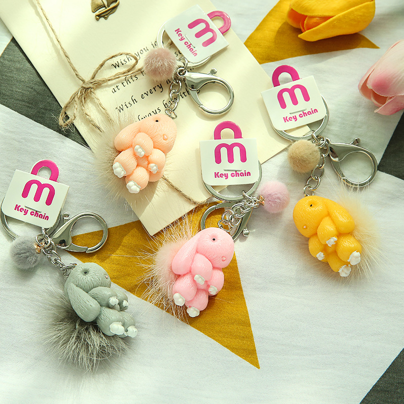 卡通创意装死兔挂件钥匙扣 定制毛球毛绒包包饰品挂件 萌萌兔礼品