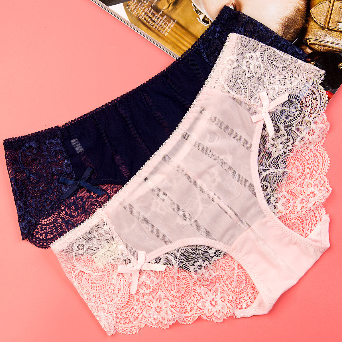 allmix女士内裤日系少女条纹网纱性感蕾丝花边中低腰女式三角裤