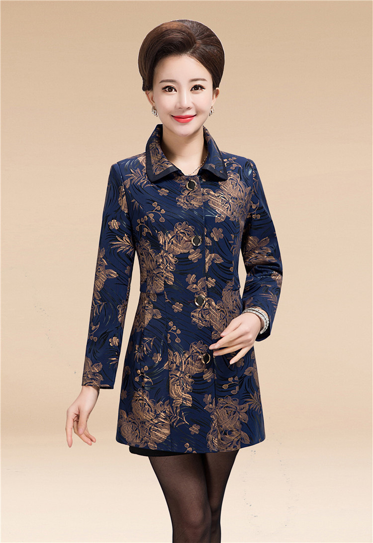 中老年女装风衣外套春秋装中长款宽松妈妈装立领双排扣印花长袖