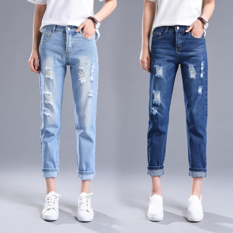 Ripped Jeans Cropped Pants Women's Black and White Loose Light Color BF Pants for Students Spring New Harem Cropped Pants
