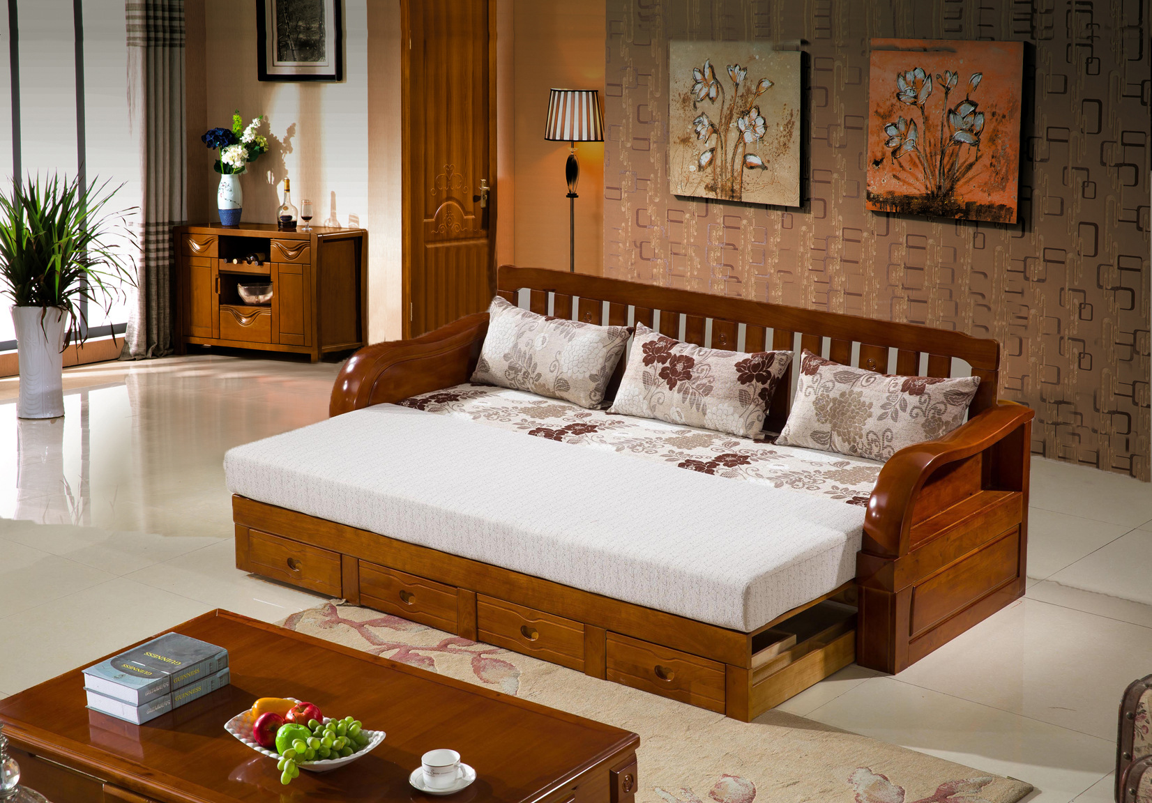 实木沙发三人位组合推拉沙发床榉木橡木多功能中式客厅沙发床