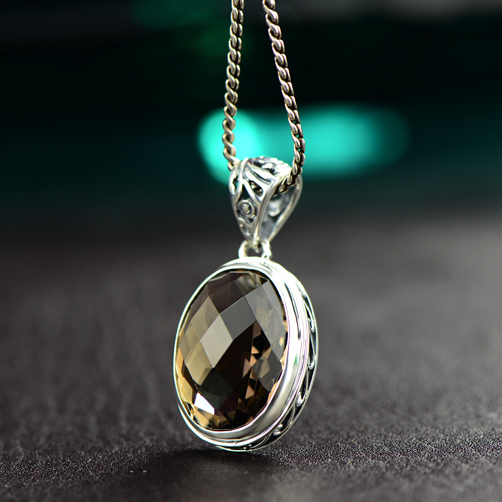 2019新品s925银镶嵌吊坠泰银做旧个性女款切面茶晶项坠锁骨链挂坠