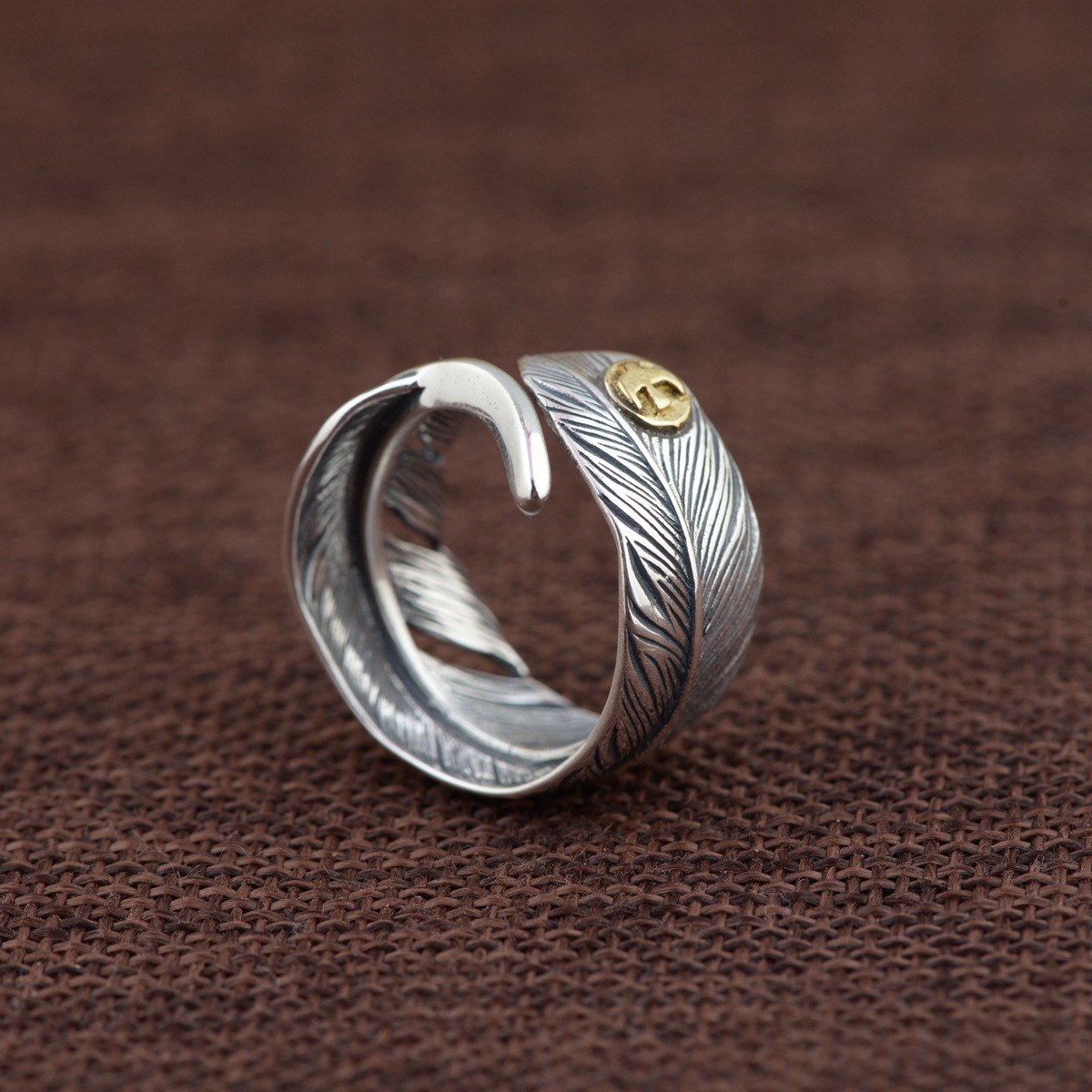 金鹿王s925银复古银铜结合工艺戒指批发开口男款可调节羽毛银指环