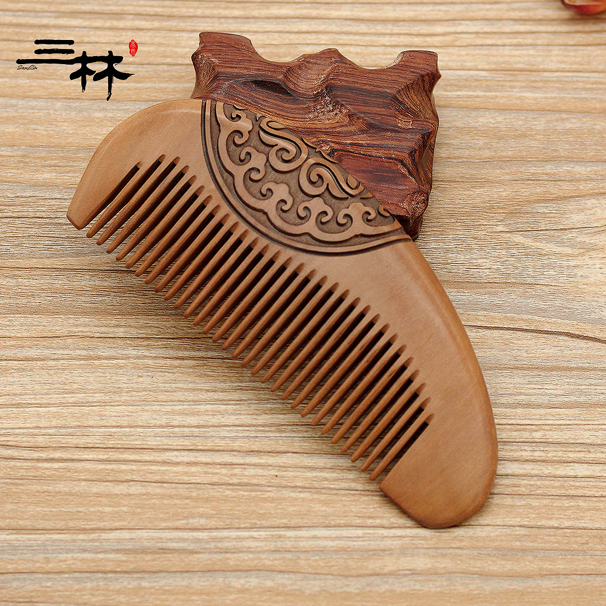 三林木梳 厂家直销按摩木梳子双面雕花桃木梳子 k14-1