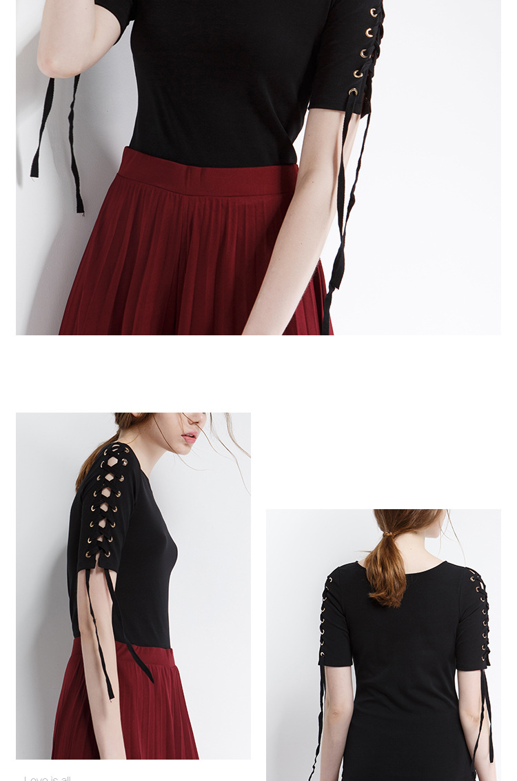 2018早春新款棉短袖修身黑色镂空一字领时尚上衣t恤精品女装批发