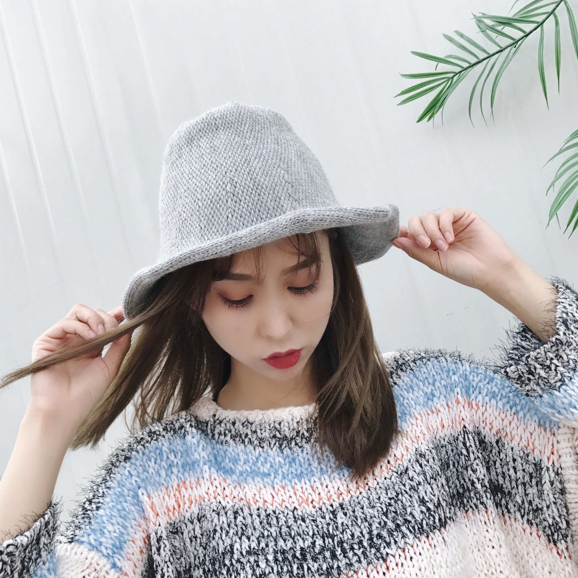 韩版春季新款女士针织卷边圆顶盆帽毛线帽时尚女士百搭潮帽子批发