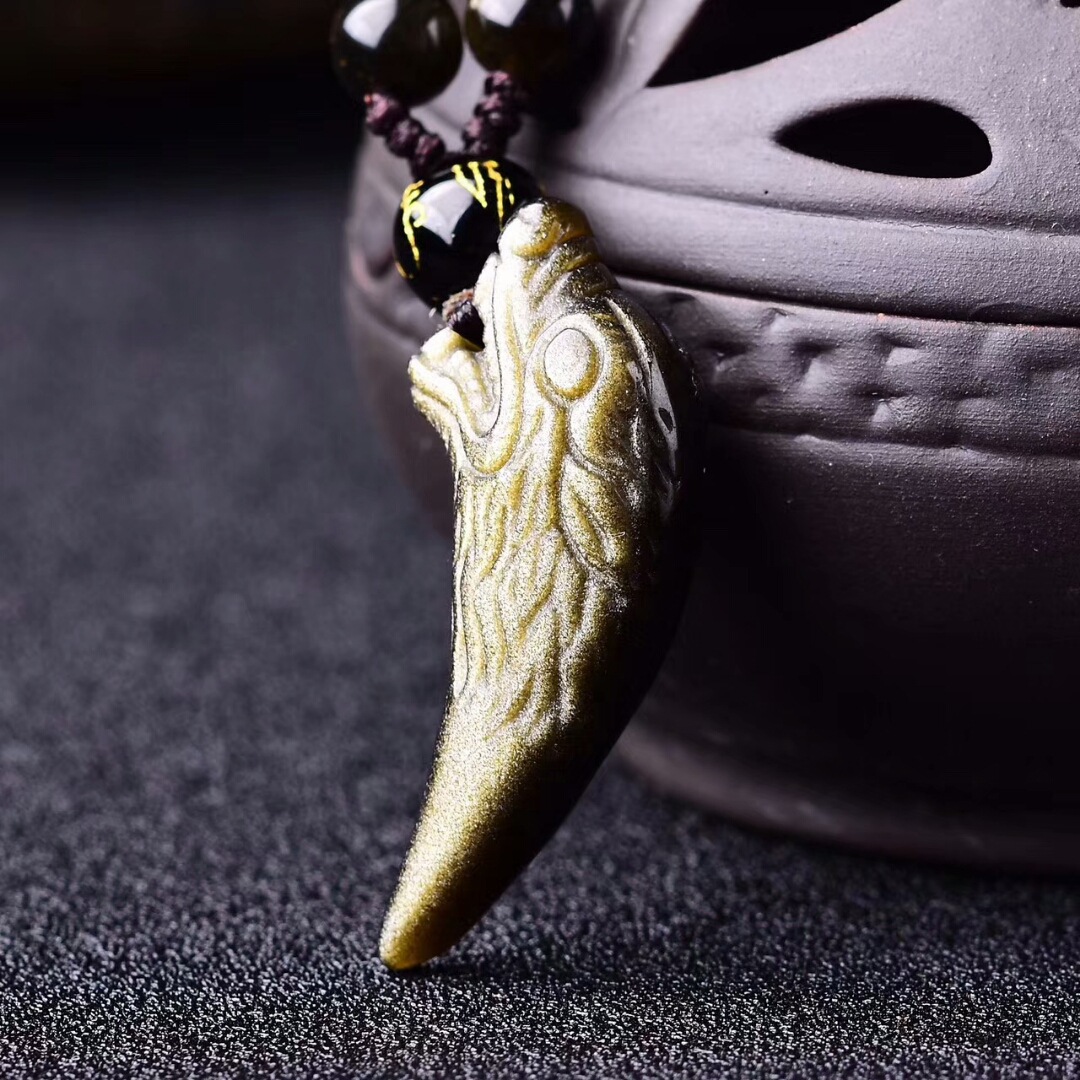 节高天然金曜石狼牙狼头吊坠男女情侣款狼图腾项链项坠批发