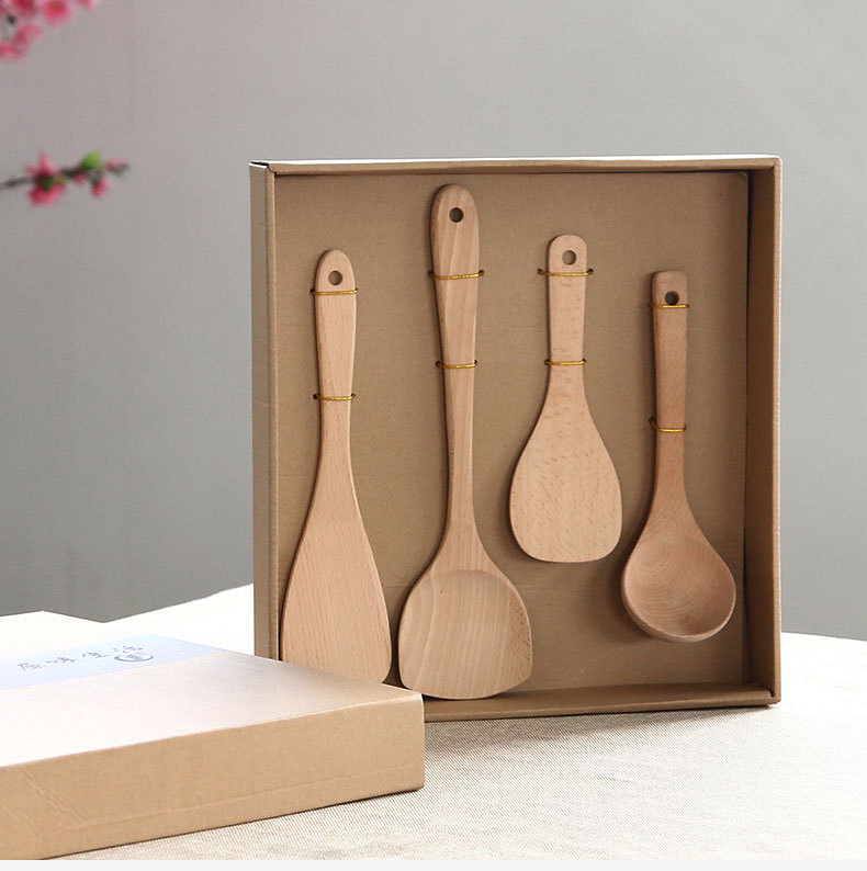 无漆榉木铲勺厨房工具四件套盒装商务赠送礼品烹饪勺铲厂家直销