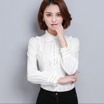 春季新款文艺小清新木耳领绣花女士衬衫时尚百搭显瘦长袖白色衬衣