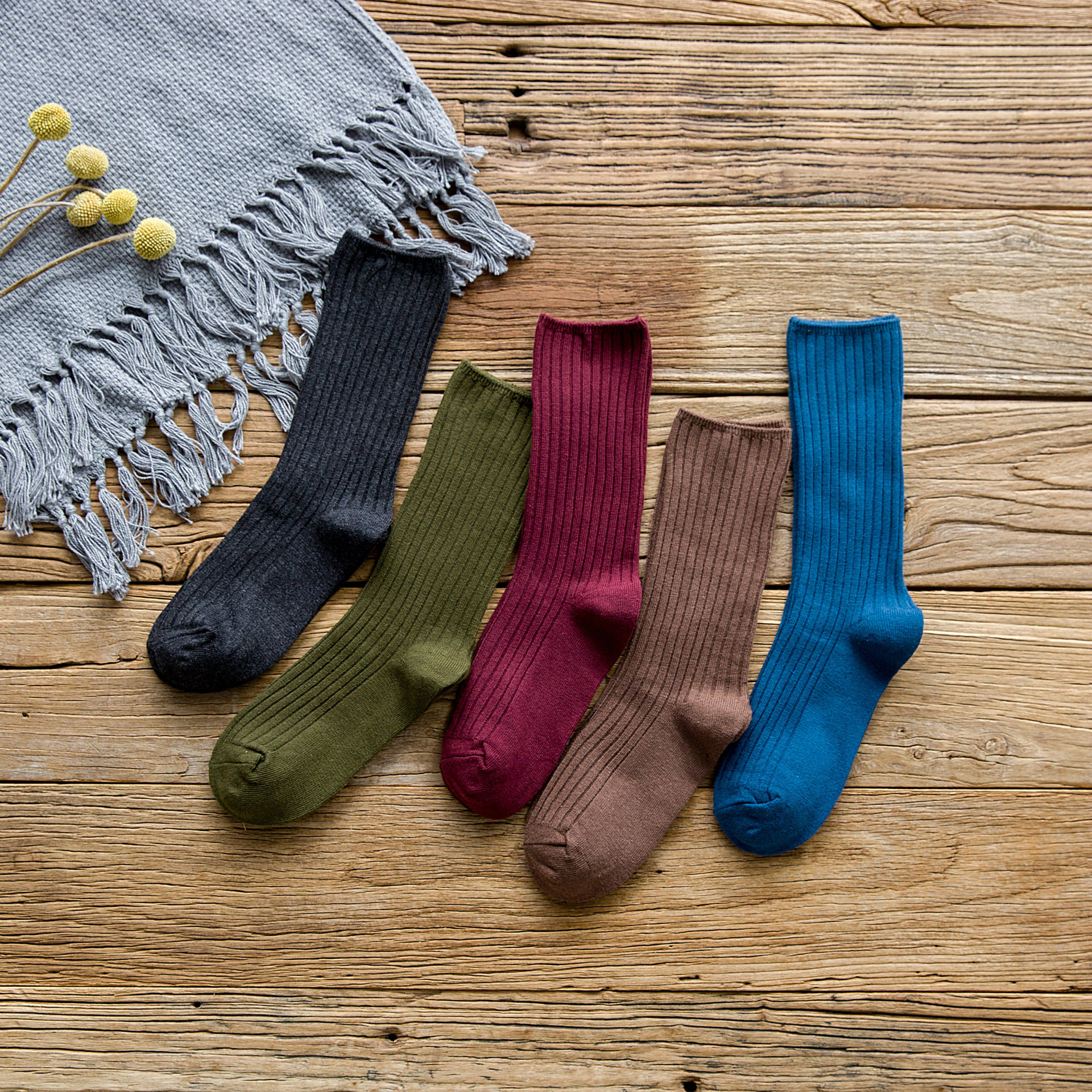 诸暨袜子批发 秋冬新款全棉女士袜子 双针竖条堆堆袜纯色中筒女袜