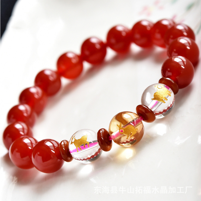 厂家直供三合贵人手链生肖属猪兔羊吉祥物红玛瑙手串男女
