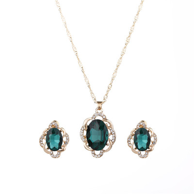 欧美热销水晶项链椭圆宝石套装组合耳环吊坠饰品套装项链