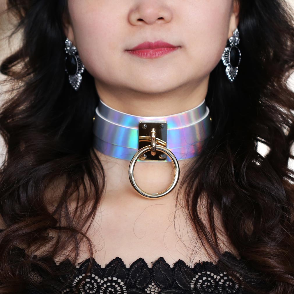 欧美朋克夸张镭射发光颈脖套超大o圆形金属bdsm束缚情趣奴隶项圈