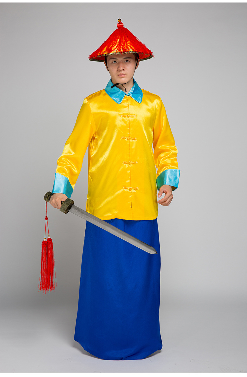 男士皇帝御前护卫服官兵太监黄马褂演出表演服清朝侍卫服古装批发