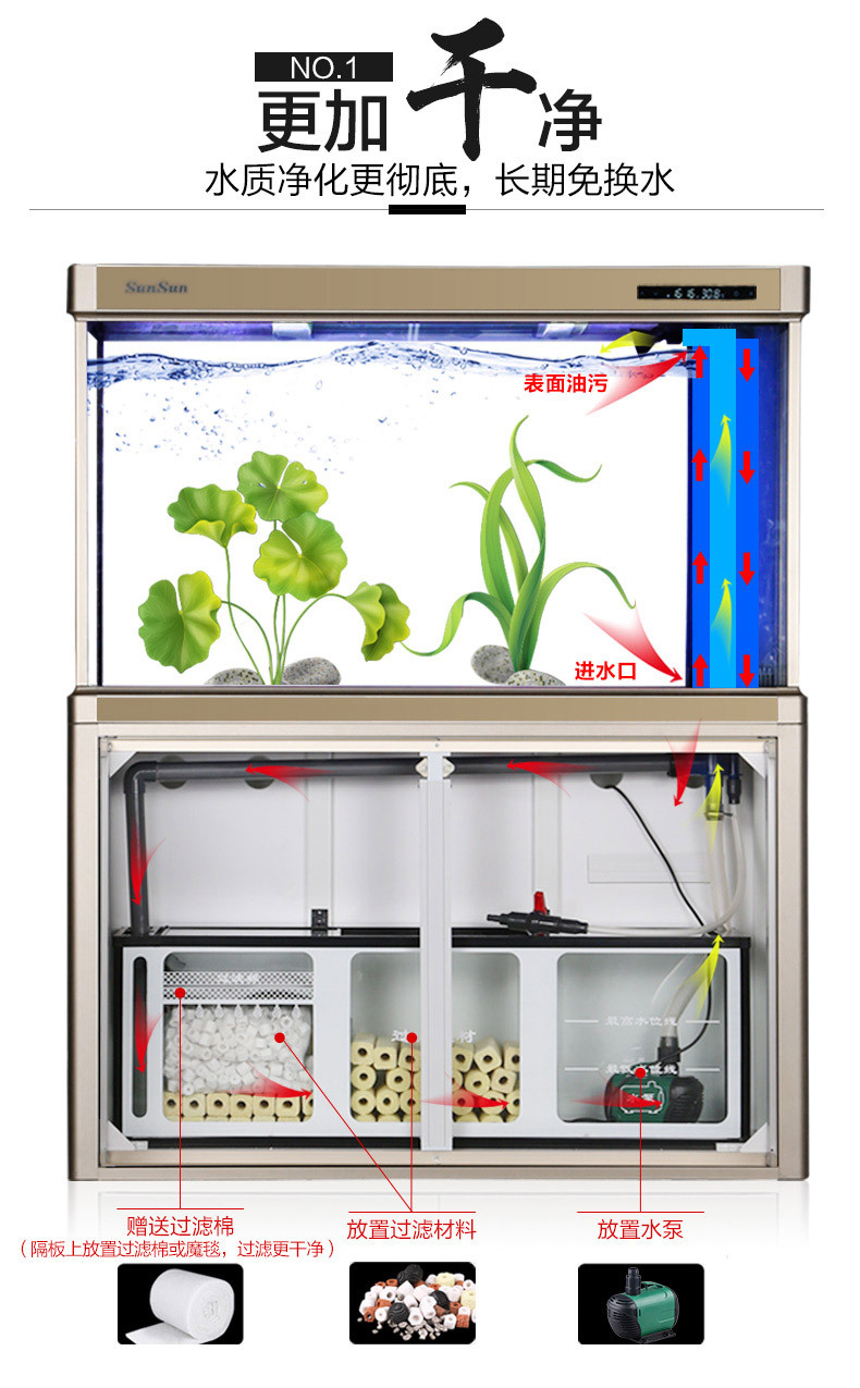森森大型鱼缸水族箱流线型家用玻璃中型生态缸 下过滤底滤鱼缸hwf