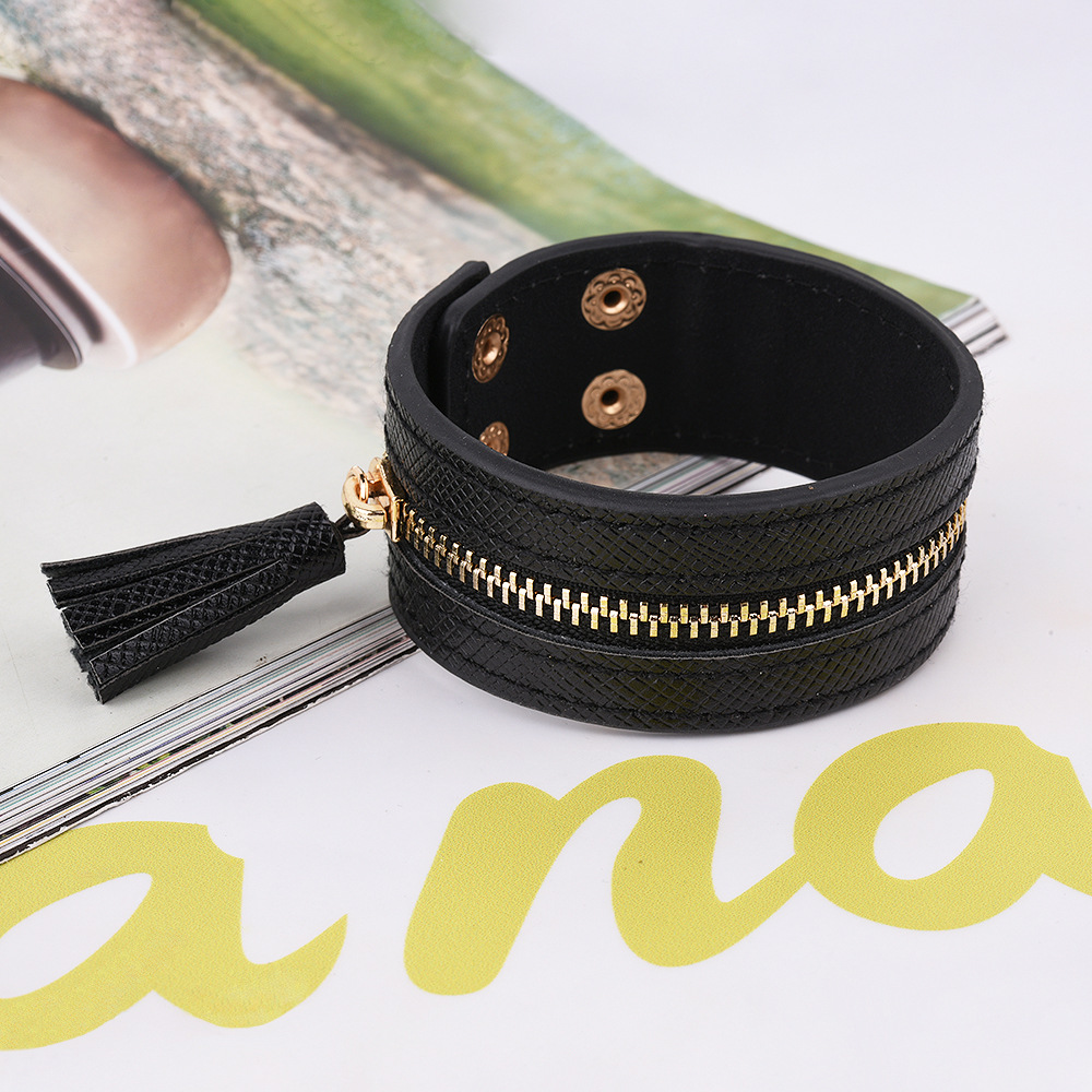 76926u欧美流行时尚饰品 韩版质感pu拉链流苏个性女式宽手镯手链