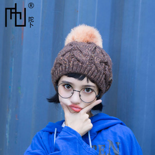 日单 手工编织羊毛毛线麻花貉子毛球贝雷帽子 成人帽保暖贝雷帽