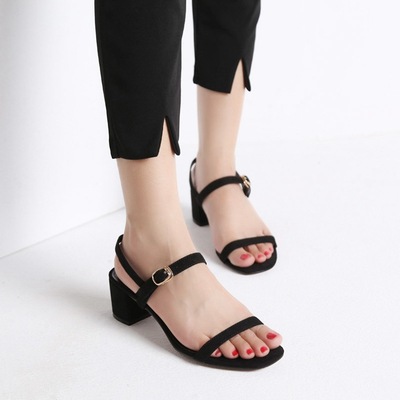 搭扣t带粗跟凉鞋夏舒适百搭高跟凉鞋2017新款女粗跟批发一件代发