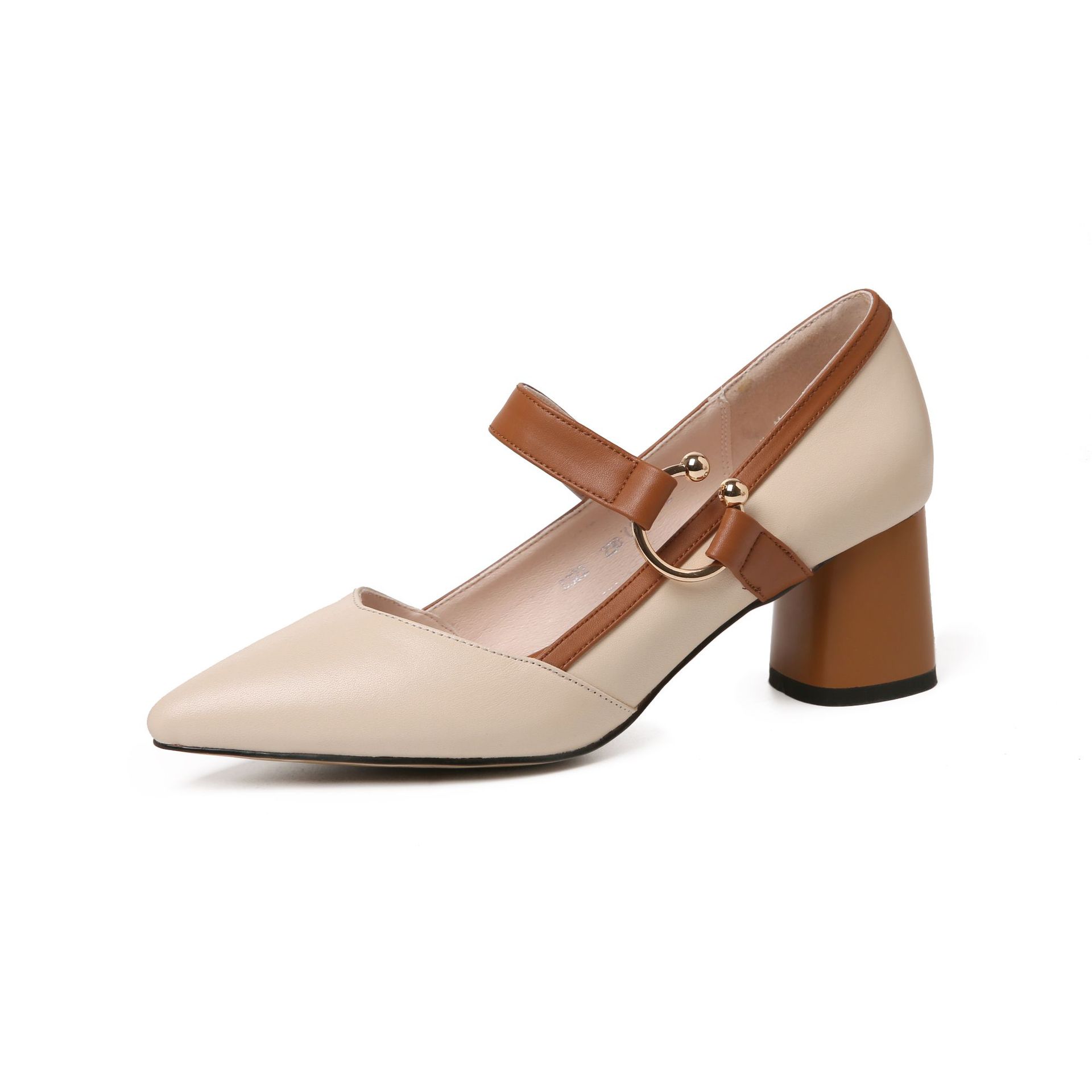 2019春季新款粗跟高跟鞋 一字带撞色尖头鞋女单鞋 玛丽珍女鞋供应