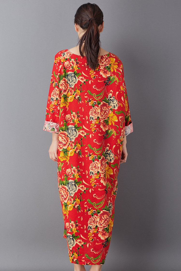 01635前山原创秋冬 长袖款复古东北大花布棉麻女装文艺袍子连衣