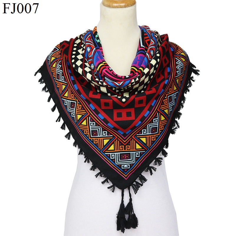 European and American Autumn and Winter New Pure Cotton Large Kerchief Tassel Thickening Print Scarf Ethnic Style Retro Cross-Border Warm Shawl