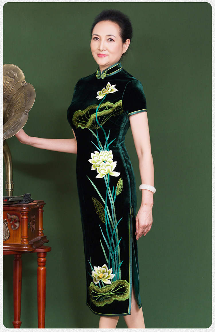 gx真丝刺绣开叉中长款旗袍